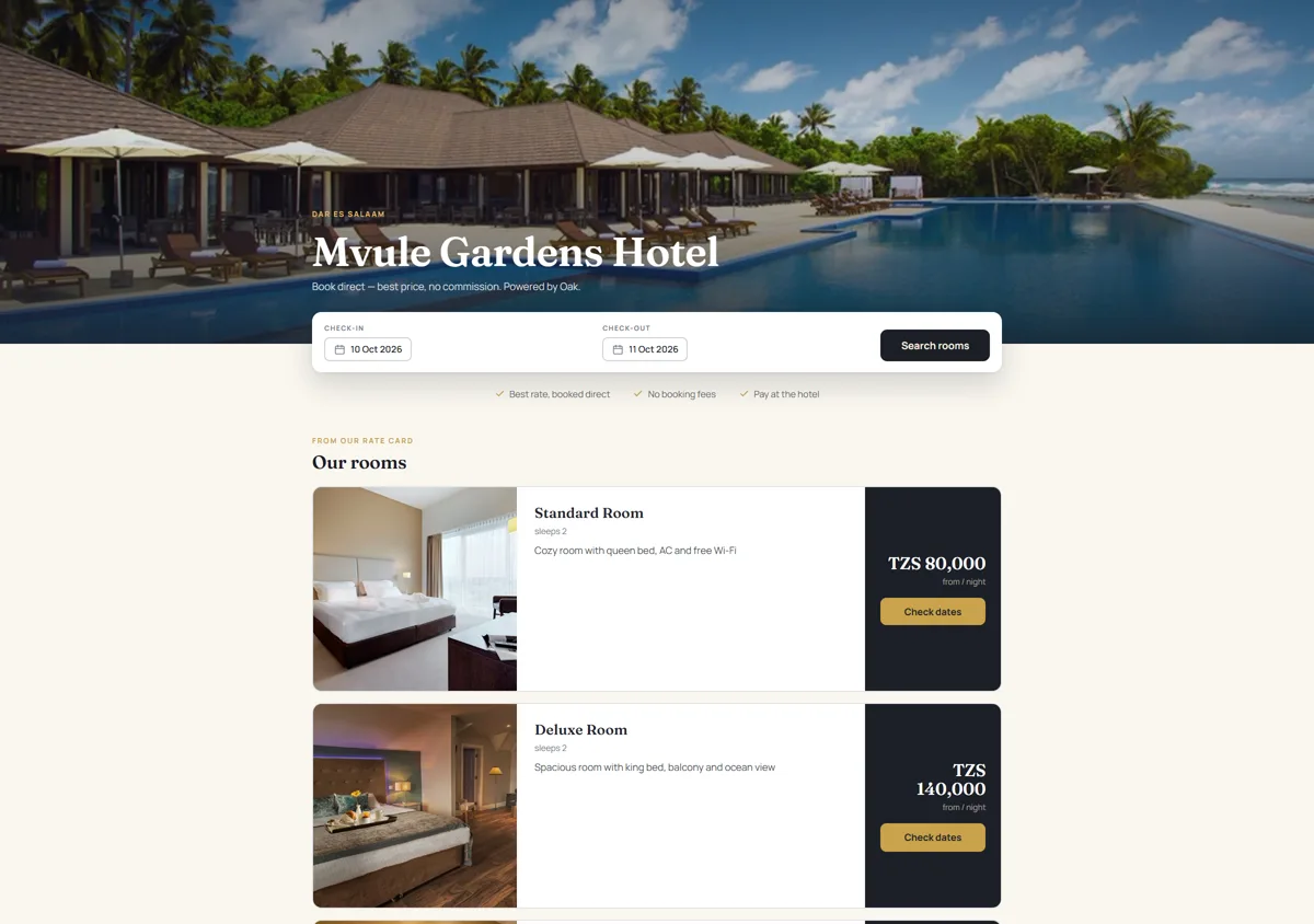 A property's own Oak booking page, showing its name, room types and nightly rates in shillings.